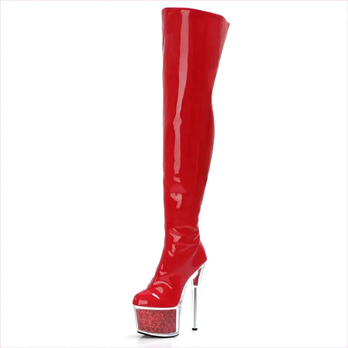 Purple Patent Leather High Heel Thigh Boots with Glitter Filled Platform - Pleasures and Sins