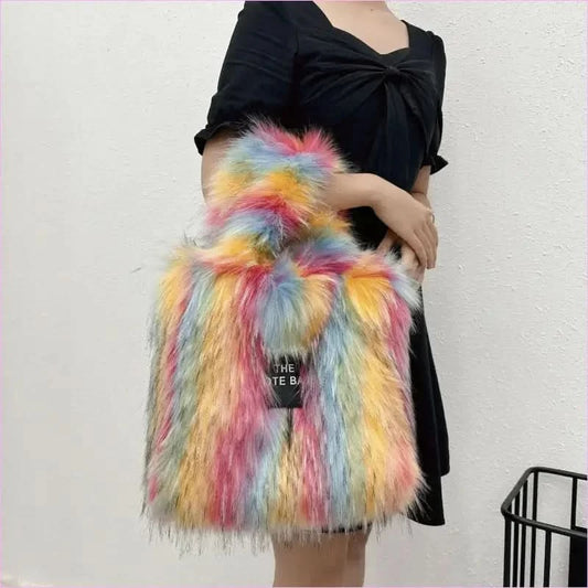 Rainbow Faux Fur Crossbody Tote Bag with Large Capacity - Pleasures and Sins