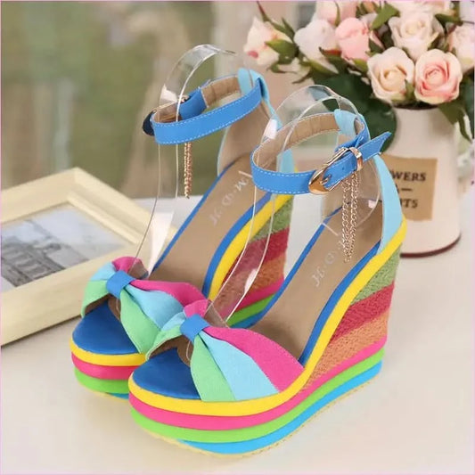 Rainbow Platform Wedge Sandals with Bow and Ankle Strap for Ladies - Pleasures and Sins