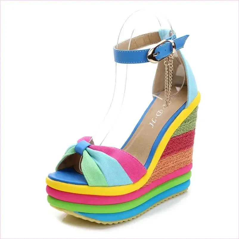 Rainbow Platform Wedge Sandals with Bow and Ankle Strap for Ladies - Pleasures and Sins