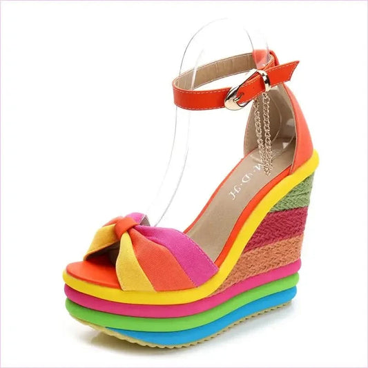 Rainbow Platform Wedge Sandals with Bow and Ankle Strap for Ladies - Pleasures and Sins
