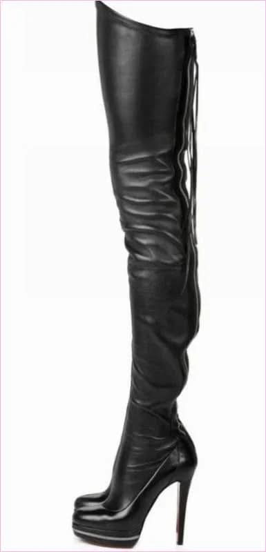 Real Leather Thigh Length Platform Boots in Black - Pleasures and Sins