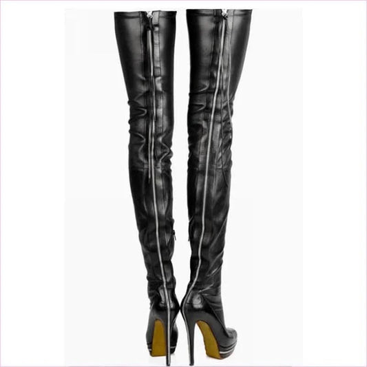 Real Leather Thigh Length Platform Boots in Black - Pleasures and Sins