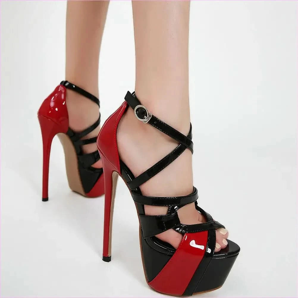 Red and Black Cross Buckle Women’s Platform Stiletto Strappy Sandals - Pleasures and Sins