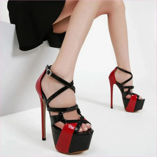 Red and Black Cross Buckle Women’s Platform Stiletto Strappy Sandals - Pleasures and Sins