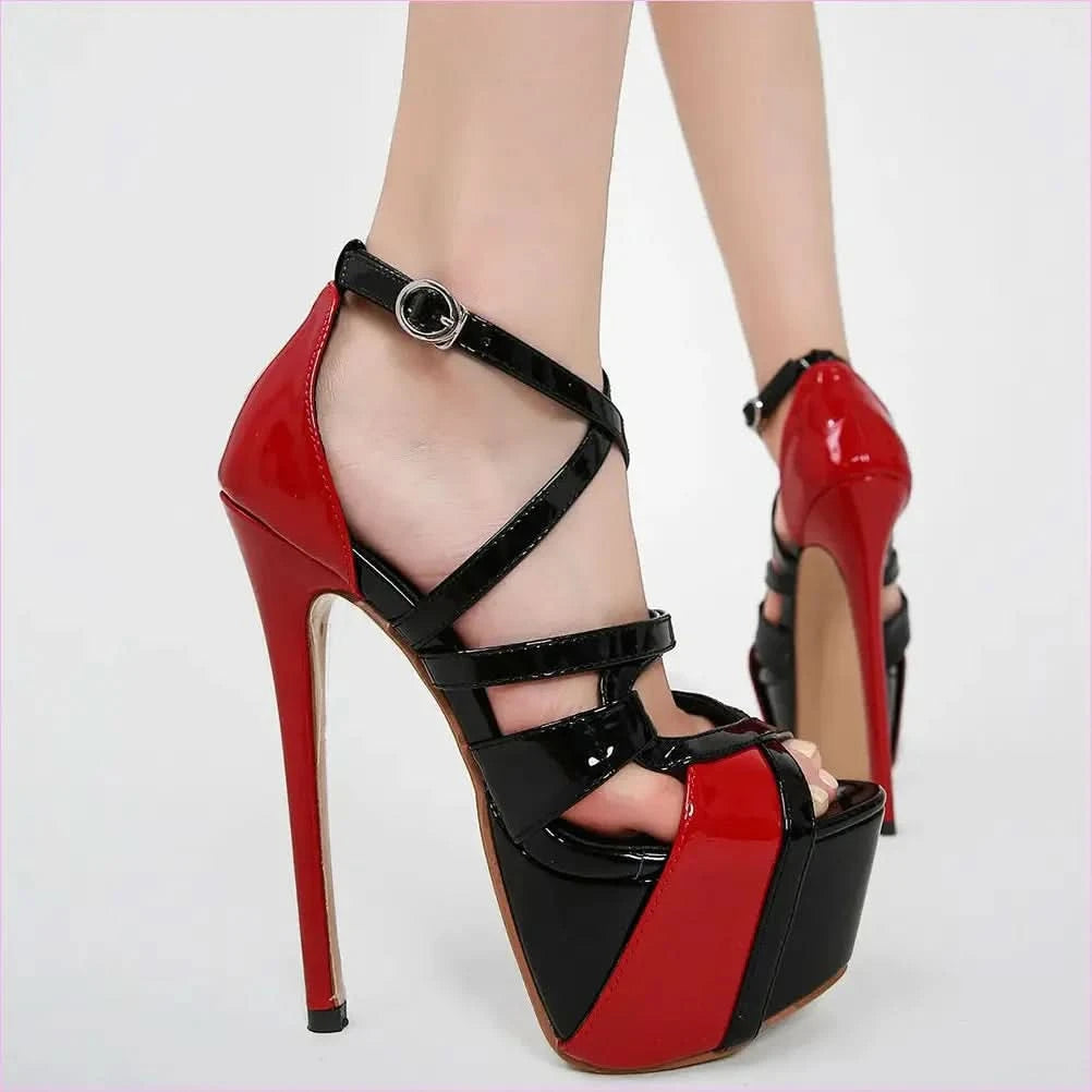 Red and Black Cross Buckle Women’s Platform Stiletto Strappy Sandals - Pleasures and Sins
