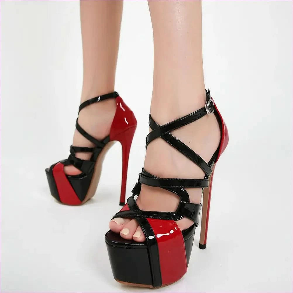 Red and Black Cross Buckle Women’s Platform Stiletto Strappy Sandals - Pleasures and Sins