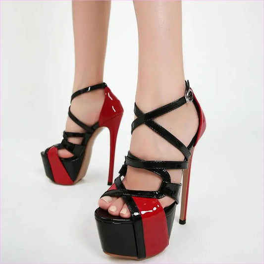 Red and Black Cross Buckle Women’s Platform Stiletto Strappy Sandals - Pleasures and Sins