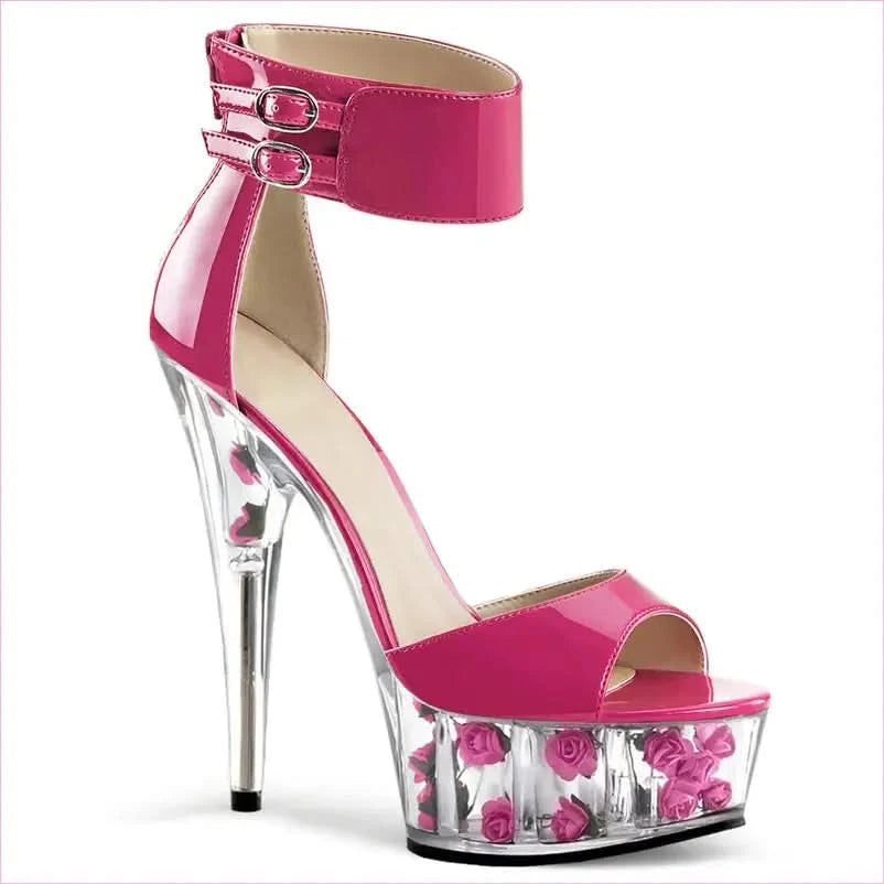 Red Patent Leather High Heel Ankle Strap with Rose Filled Transparent Base - Pleasures and Sins