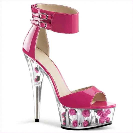 Red Patent Leather High Heel Ankle Strap with Rose Filled Transparent Base - Pleasures and Sins
