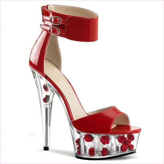 Red Patent Leather High Heel Ankle Strap with Rose Filled Transparent Base - Pleasures and Sins