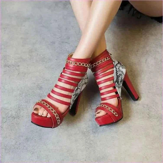 Red Peep Toe High-top Shoes with Strappy Design and Gold Chains - Pleasures and Sins