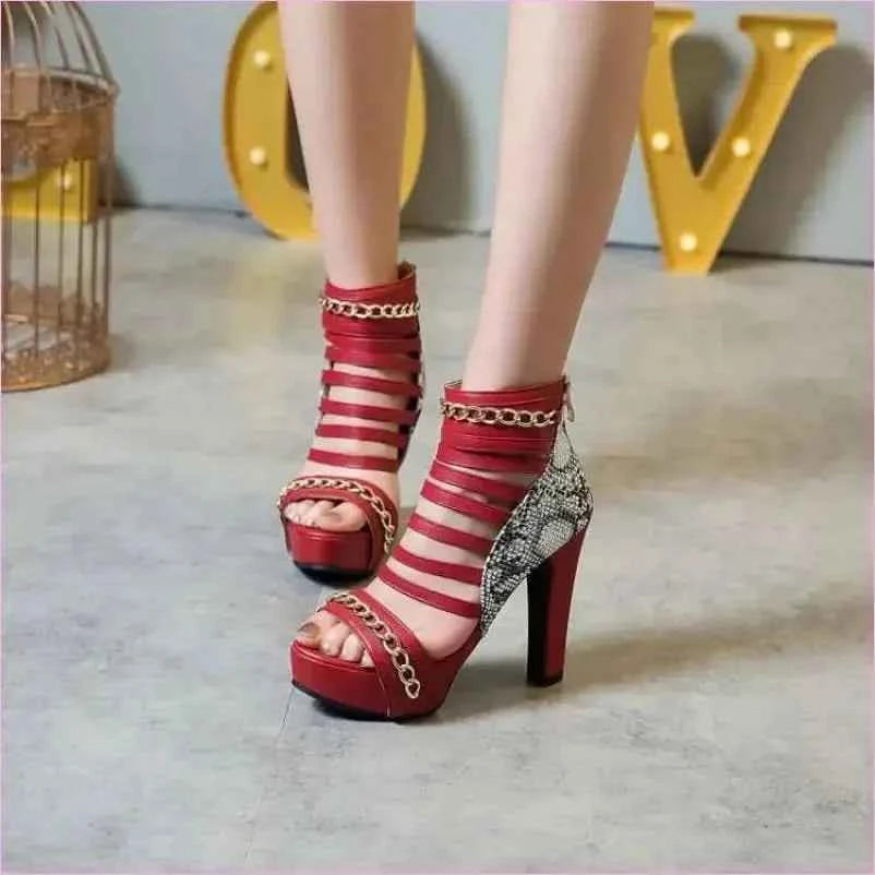 Red Peep Toe High-top Shoes with Strappy Design and Gold Chains - Pleasures and Sins