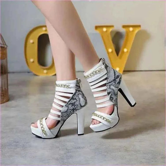 Red Peep Toe High-top Shoes with Strappy Design and Gold Chains - Pleasures and Sins