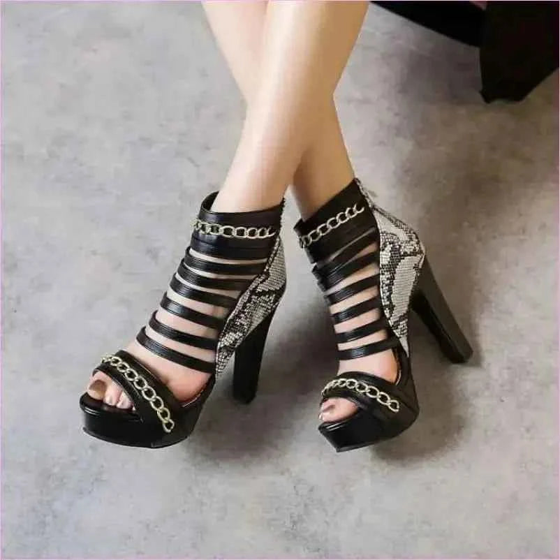 Red Peep Toe High-top Shoes with Strappy Design and Gold Chains - Pleasures and Sins