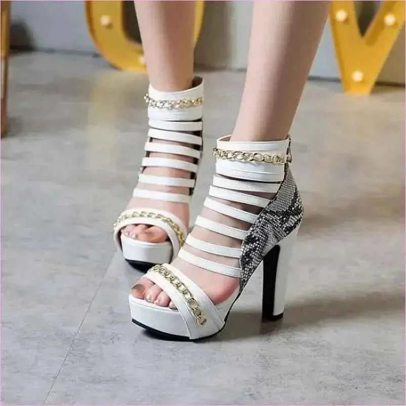 Red Peep Toe High-top Shoes with Strappy Design and Gold Chains - Pleasures and Sins