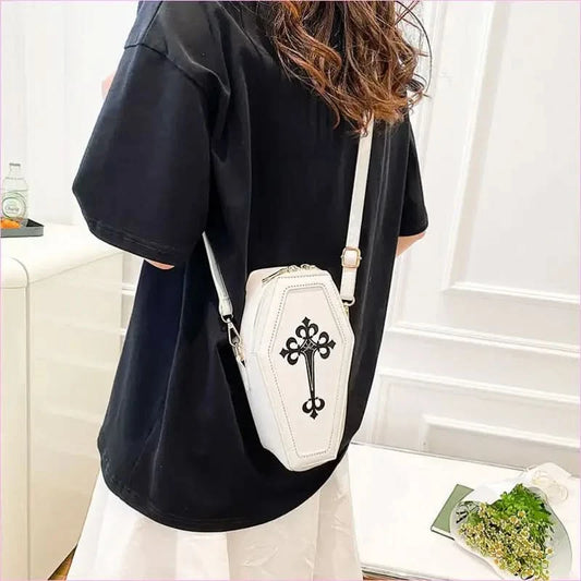 Retro Dark Personality Cross Coffin Handbag in White - Pleasures and Sins