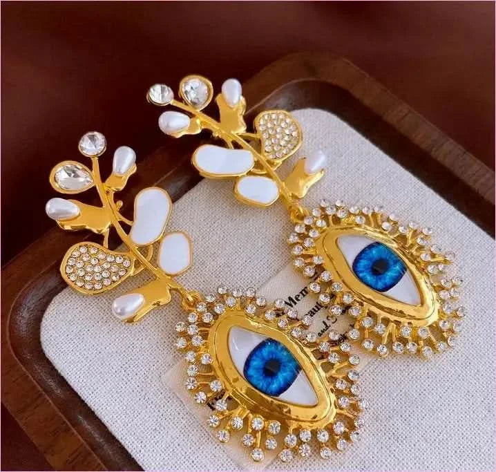 Retro High-end Diamante Evil Eye Earrings with Blue Centerpieces - Pleasures and Sins