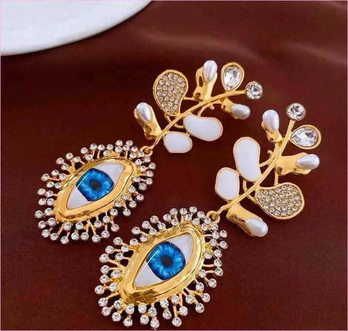 Retro High-end Diamante Evil Eye Earrings with Blue Centerpieces - Pleasures and Sins
