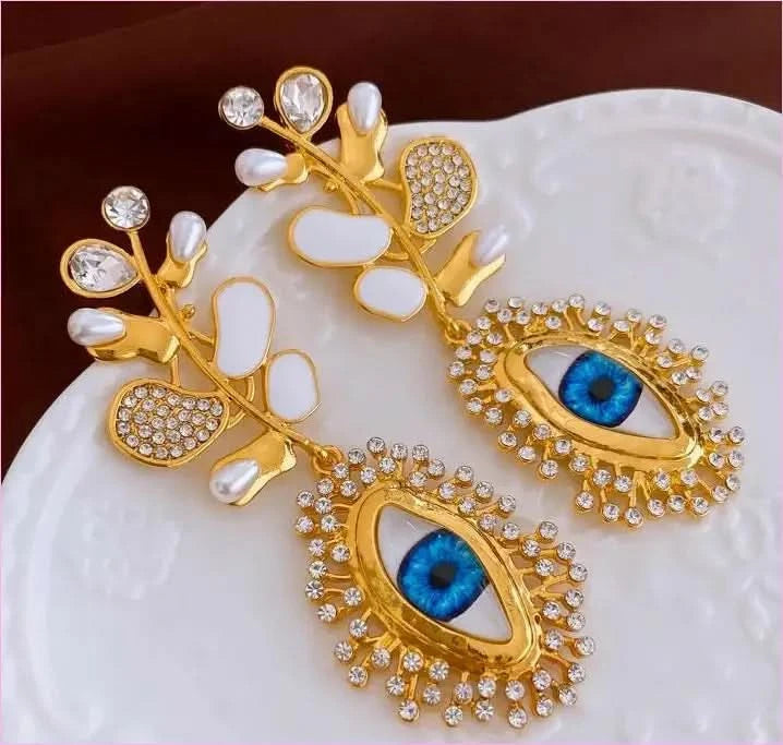Retro High-end Diamante Evil Eye Earrings with Blue Centerpieces - Pleasures and Sins