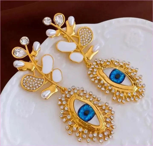Retro High-end Diamante Evil Eye Earrings with Blue Centerpieces - Pleasures and Sins