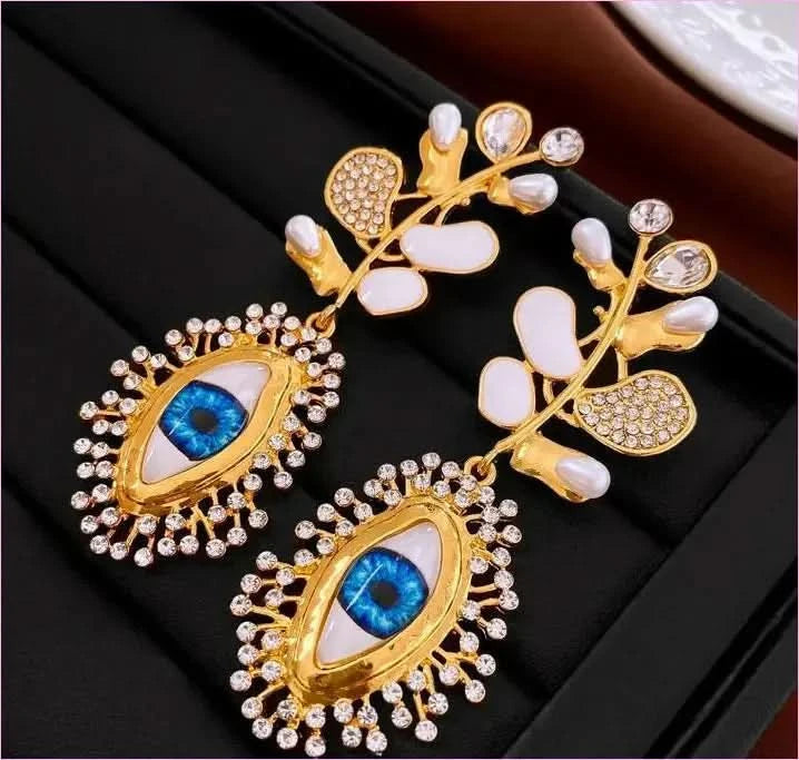 Retro High-end Diamante Evil Eye Earrings with Blue Centerpieces - Pleasures and Sins