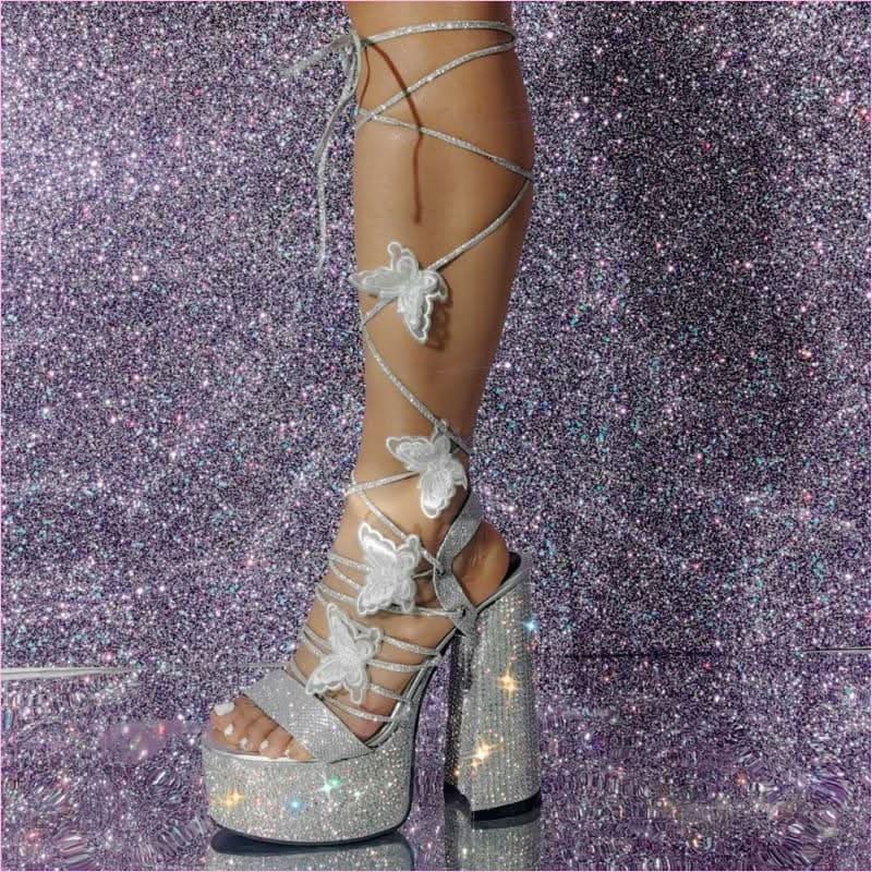 Rhinestone Butterfly Strap Chunky High Heel Sandals for a Bold Look - Pleasures and Sins
