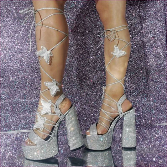 Rhinestone Butterfly Strap Chunky High Heel Sandals for a Bold Look - Pleasures and Sins