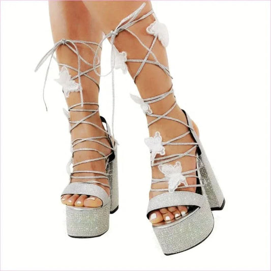Rhinestone Butterfly Strap Chunky High Heel Sandals for a Bold Look - Pleasures and Sins