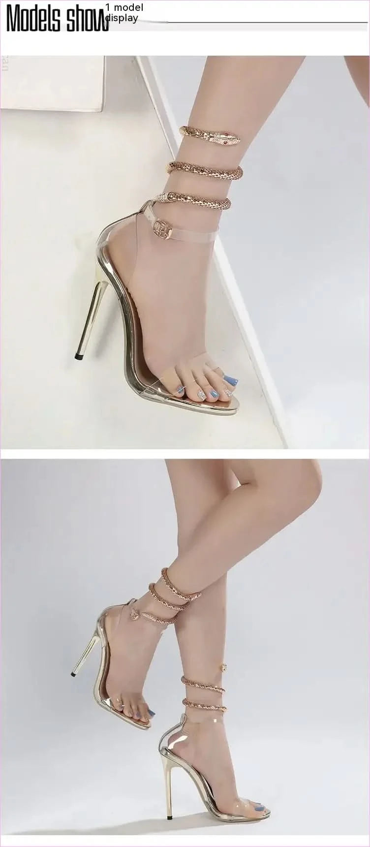 Rhinestone High Heel Sandals with Snakelike Winding Straps - Pleasures and Sins