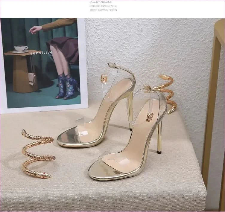 Rhinestone High Heel Sandals with Snakelike Winding Straps - Pleasures and Sins