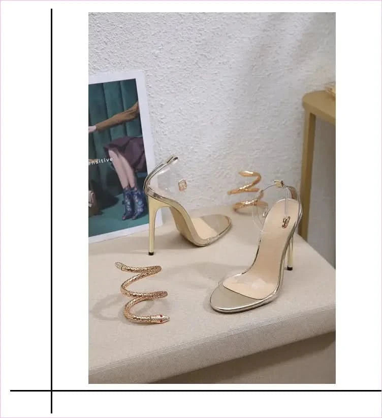 Rhinestone High Heel Sandals with Snakelike Winding Straps - Pleasures and Sins