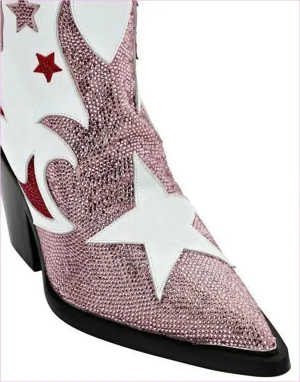 Rhinestone Patchwork Pointed Toe Cowboy Boots with High Wedge Heel - Pleasures and Sins