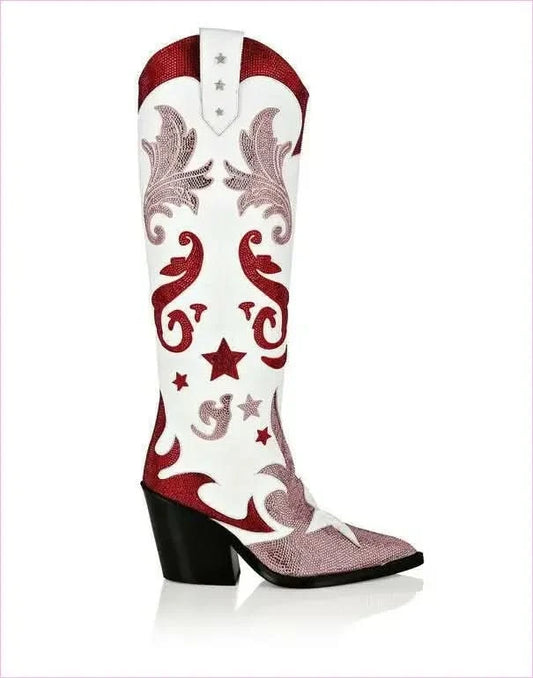 Rhinestone Patchwork Pointed Toe Cowboy Boots with High Wedge Heel - Pleasures and Sins