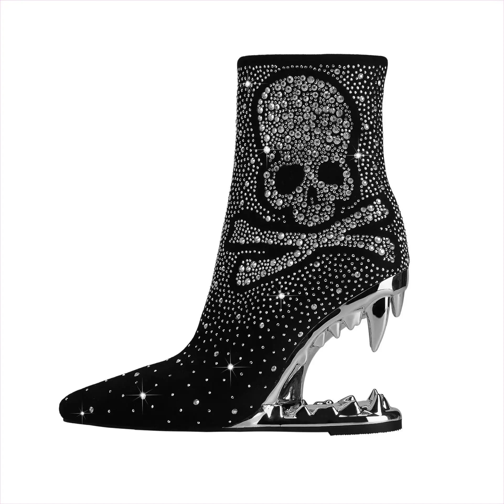 Rhinestone Skull Ladies Boots with Tiger Tooth Profiled Heel - Pleasures and Sins
