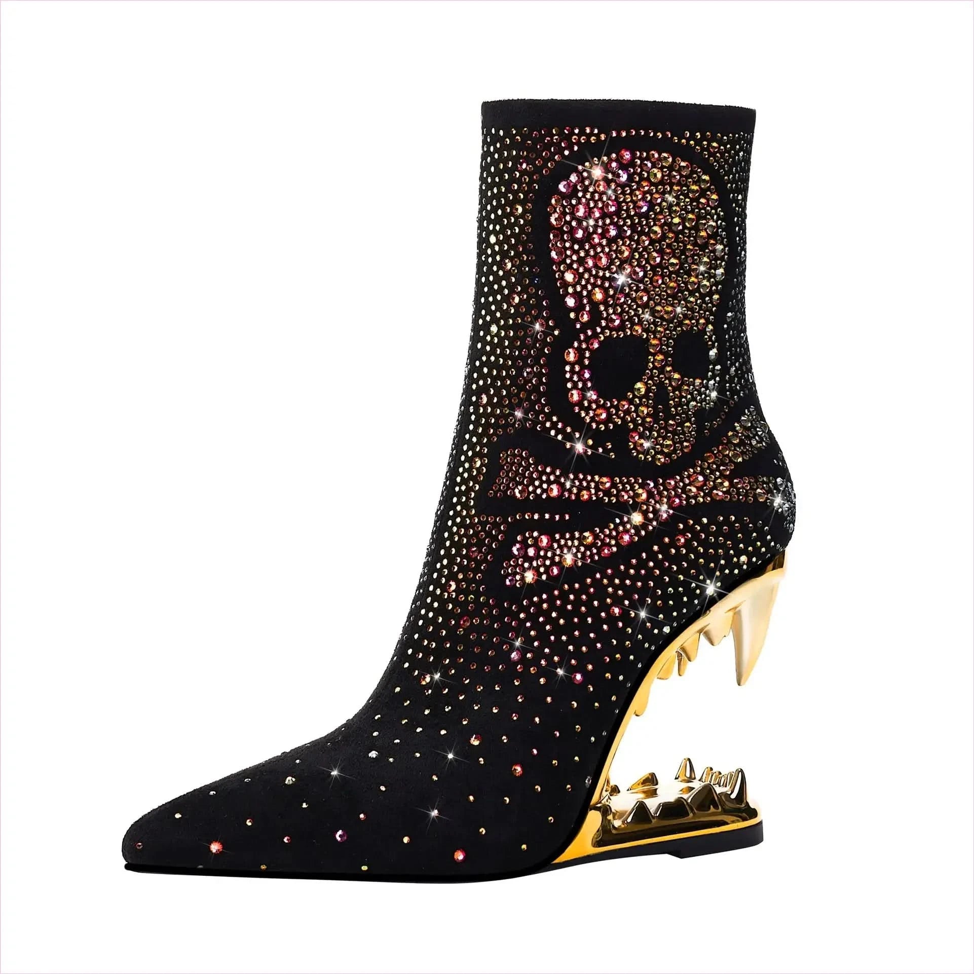 Rhinestone Skull Ladies Boots with Tiger Tooth Profiled Heel - Pleasures and Sins