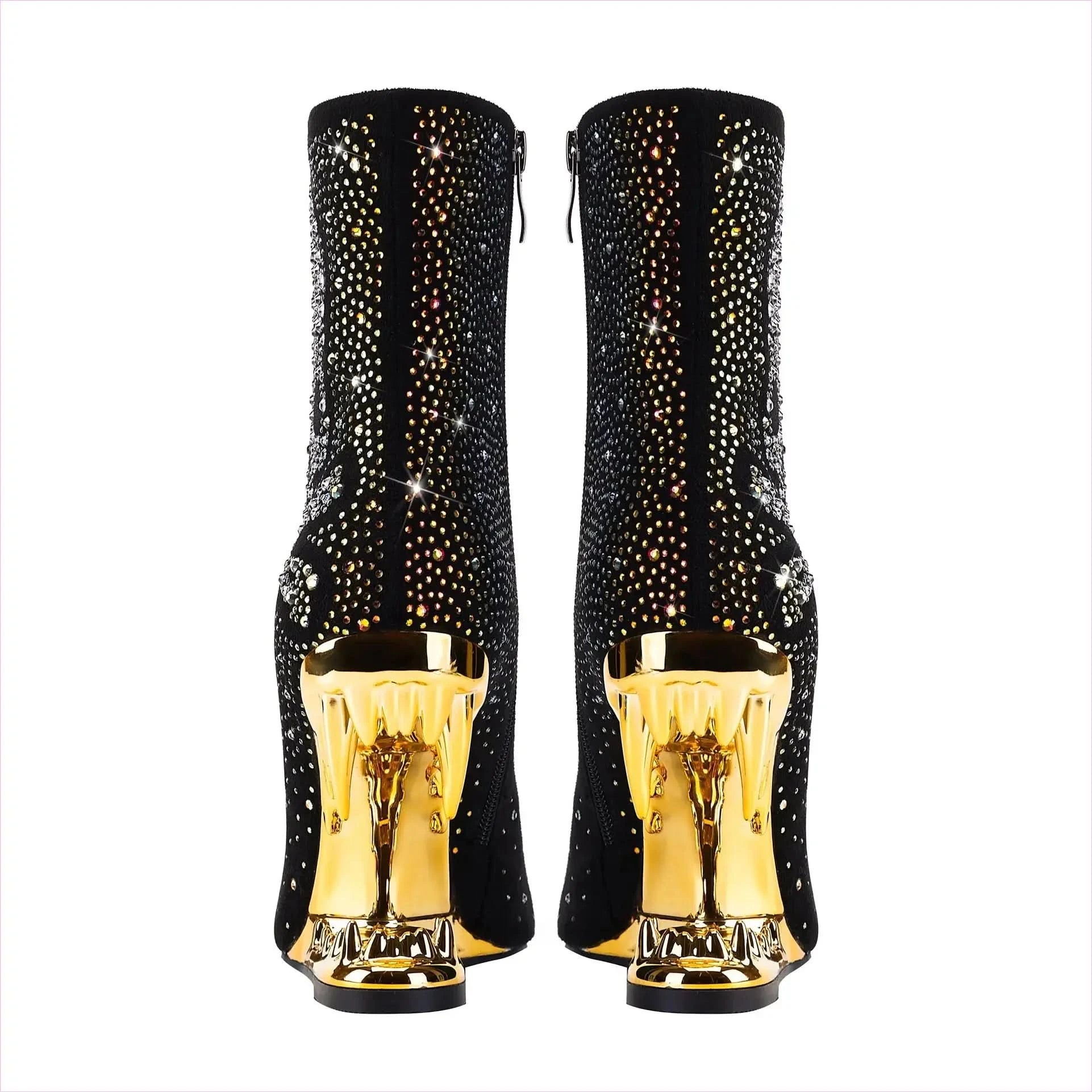 Rhinestone Skull Ladies Boots with Tiger Tooth Profiled Heel - Pleasures and Sins