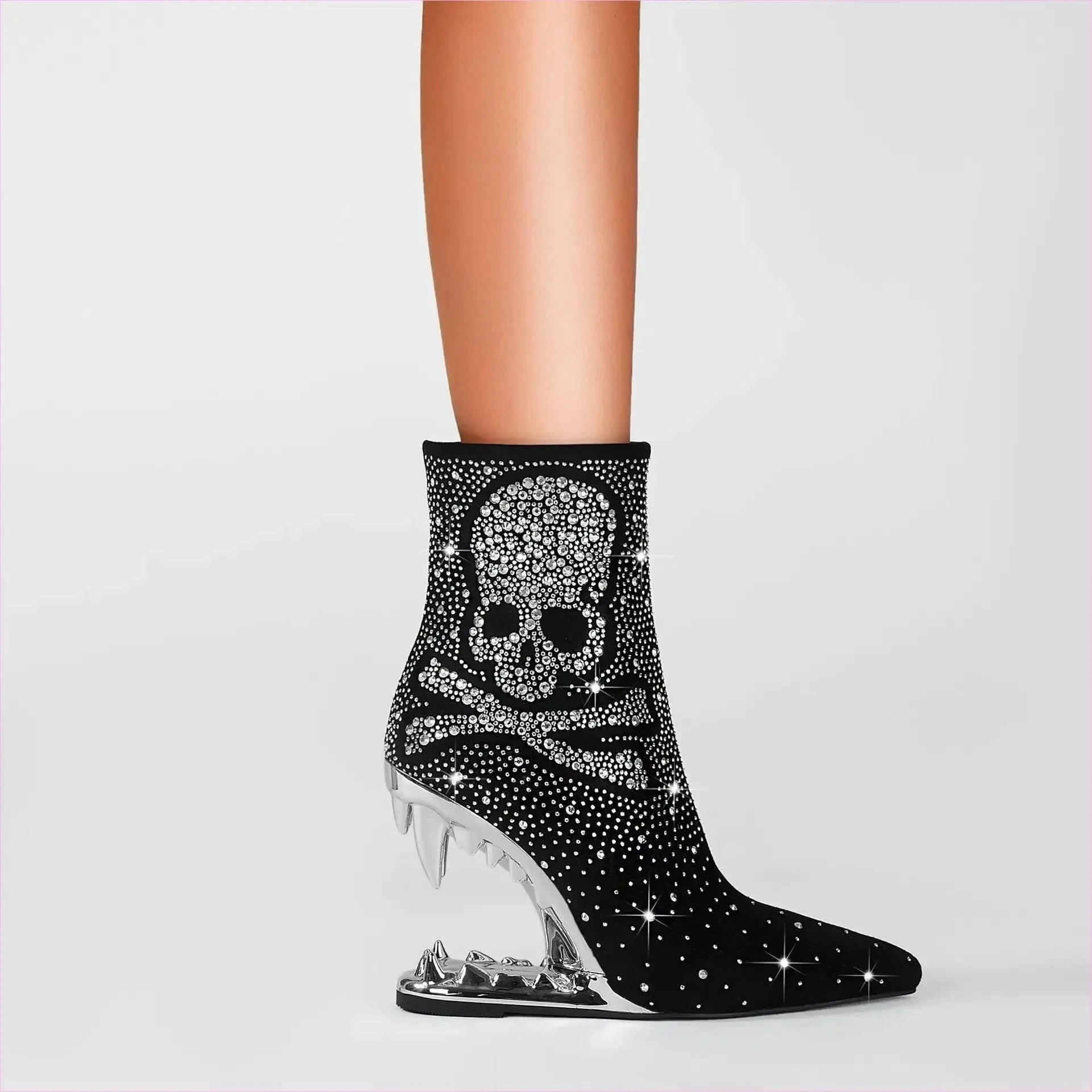 Rhinestone Skull Ladies Boots with Tiger Tooth Profiled Heel - Pleasures and Sins