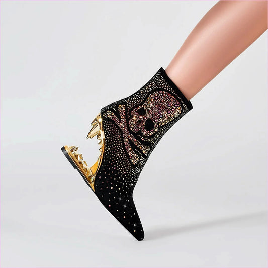 Rhinestone Skull Ladies Boots with Tiger Tooth Profiled Heel - Pleasures and Sins