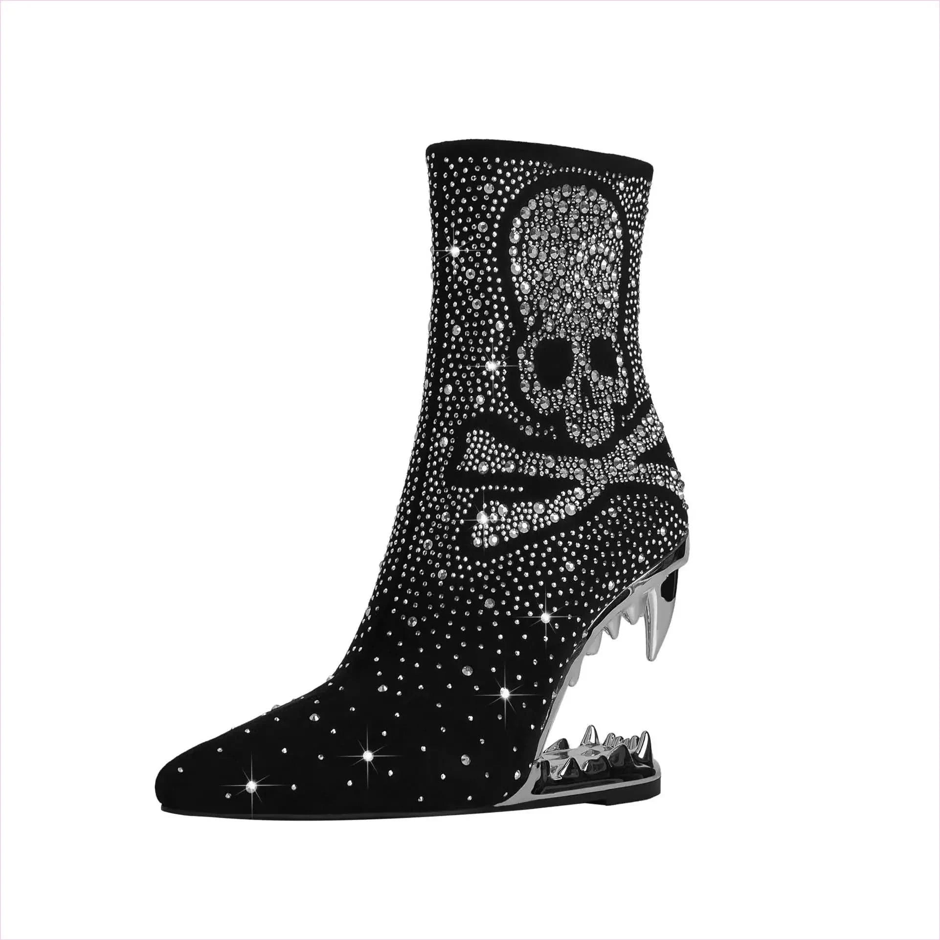 Rhinestone Skull Ladies Boots with Tiger Tooth Profiled Heel - Pleasures and Sins