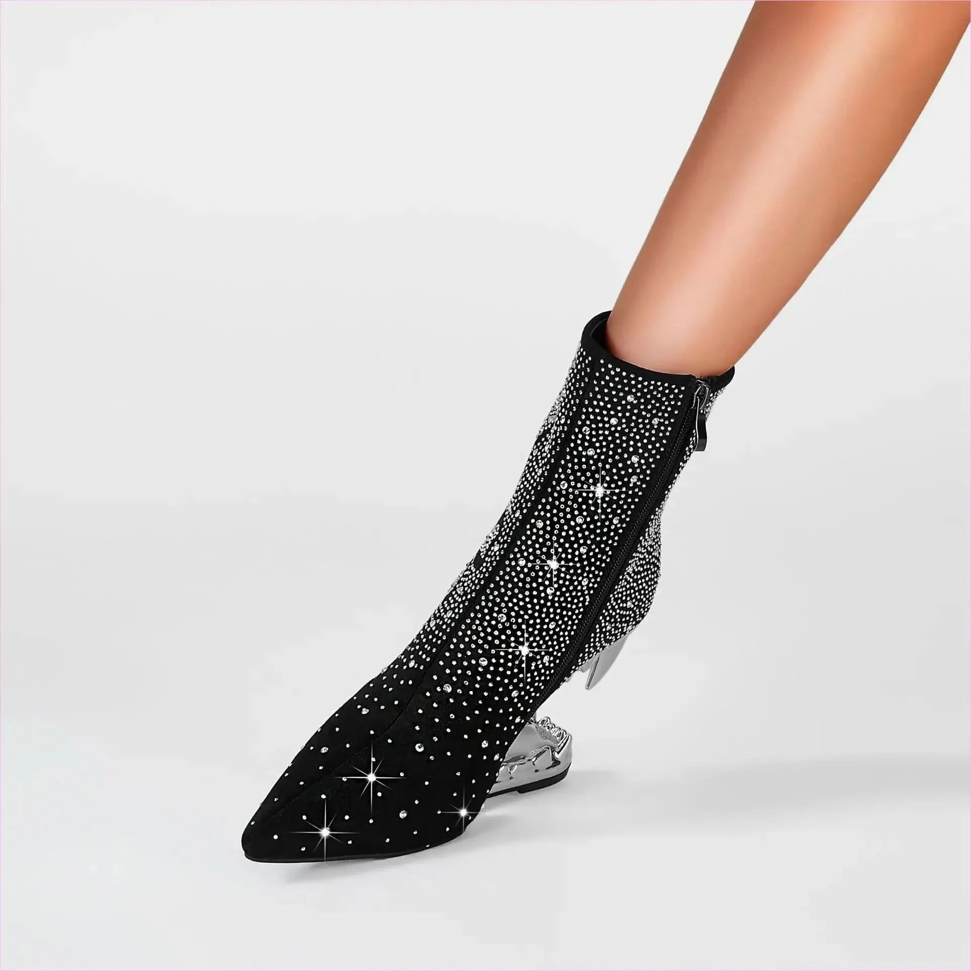Rhinestone Skull Ladies Boots with Tiger Tooth Profiled Heel - Pleasures and Sins