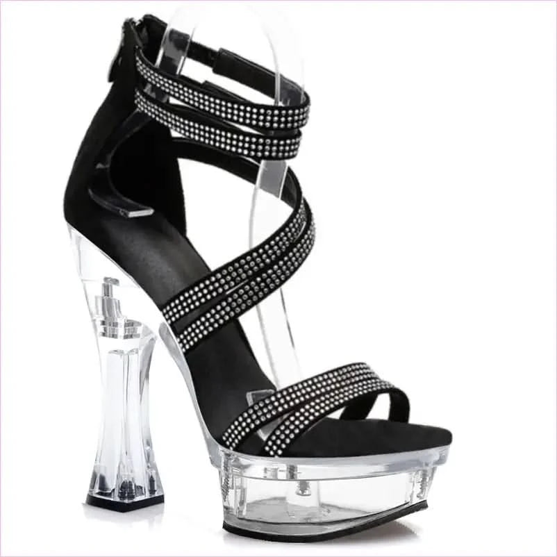 Rhinestone Strappy Drag Shoes with Chic Transparent Platform Heel - Pleasures and Sins