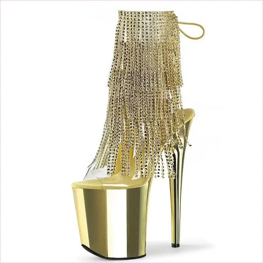 Rhinestone Tassel Peep Toe Stripper Heels in Pink and Gold - Pleasures and Sins