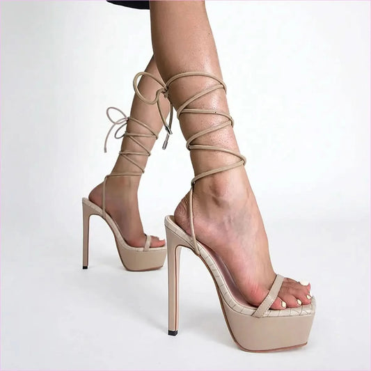 Roman Strappy Sandals with Square Toe and High Platform Stiletto Heels - Pleasures and Sins