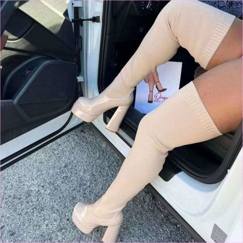 Round Toe Chunky Heel Over the Knee Knitted Boots for Modern Style - Pleasures and Sins