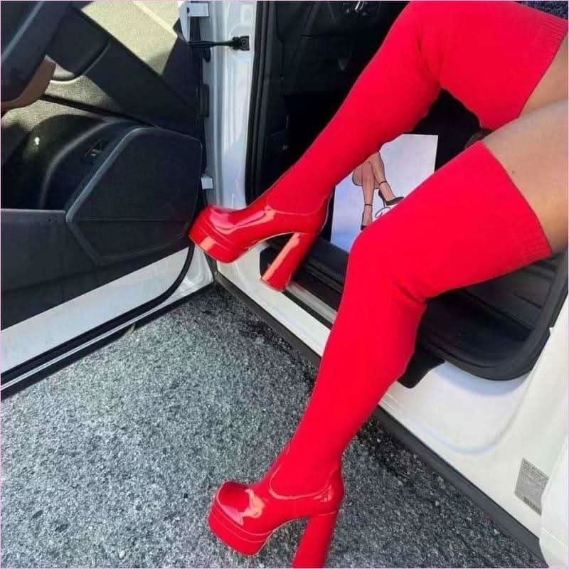 Round Toe Chunky Heel Over the Knee Knitted Boots for Modern Style - Pleasures and Sins