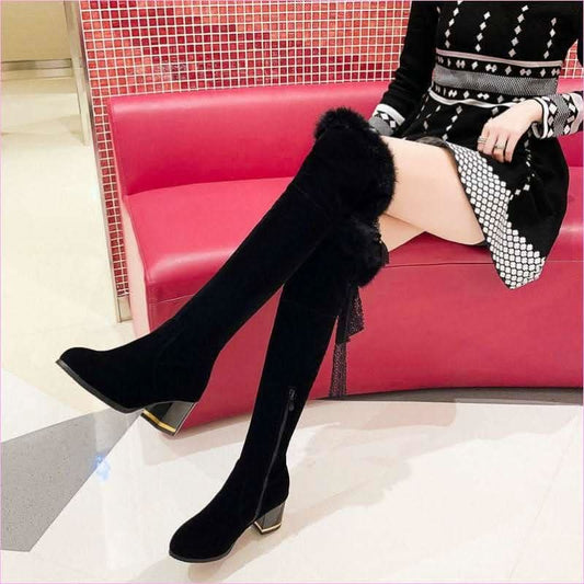 Round Toe Chunky High Heel Fur Lined Boots for Winter Style - Pleasures and Sins