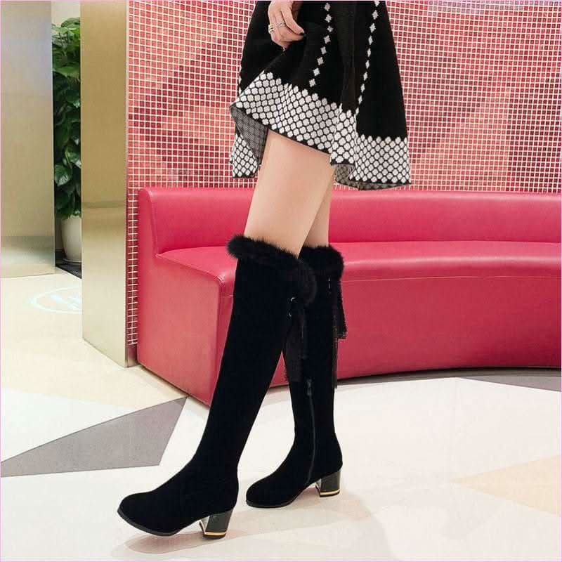 Round Toe Chunky High Heel Fur Lined Boots for Winter Style - Pleasures and Sins