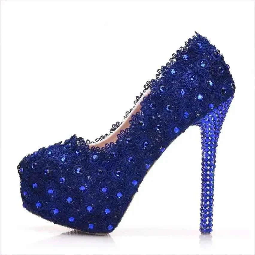 Royal Blue Lace Wedding Shoes with Rhinestones and Sequins - Pleasures and Sins