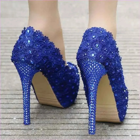 Royal Blue Lace Wedding Shoes with Rhinestones and Sequins - Pleasures and Sins